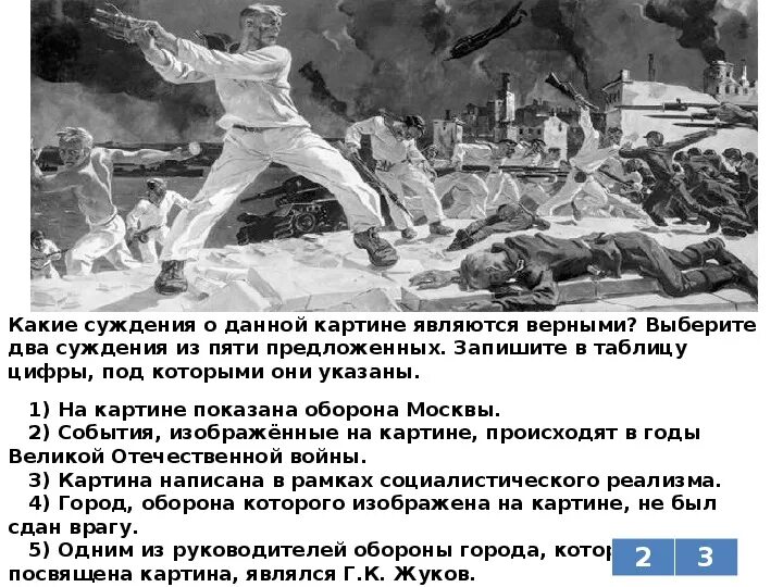 Какие суждения о данной картине являются верными?. Какому событию посвящена картина. Укажите город обороне которого посвящена данная картина.