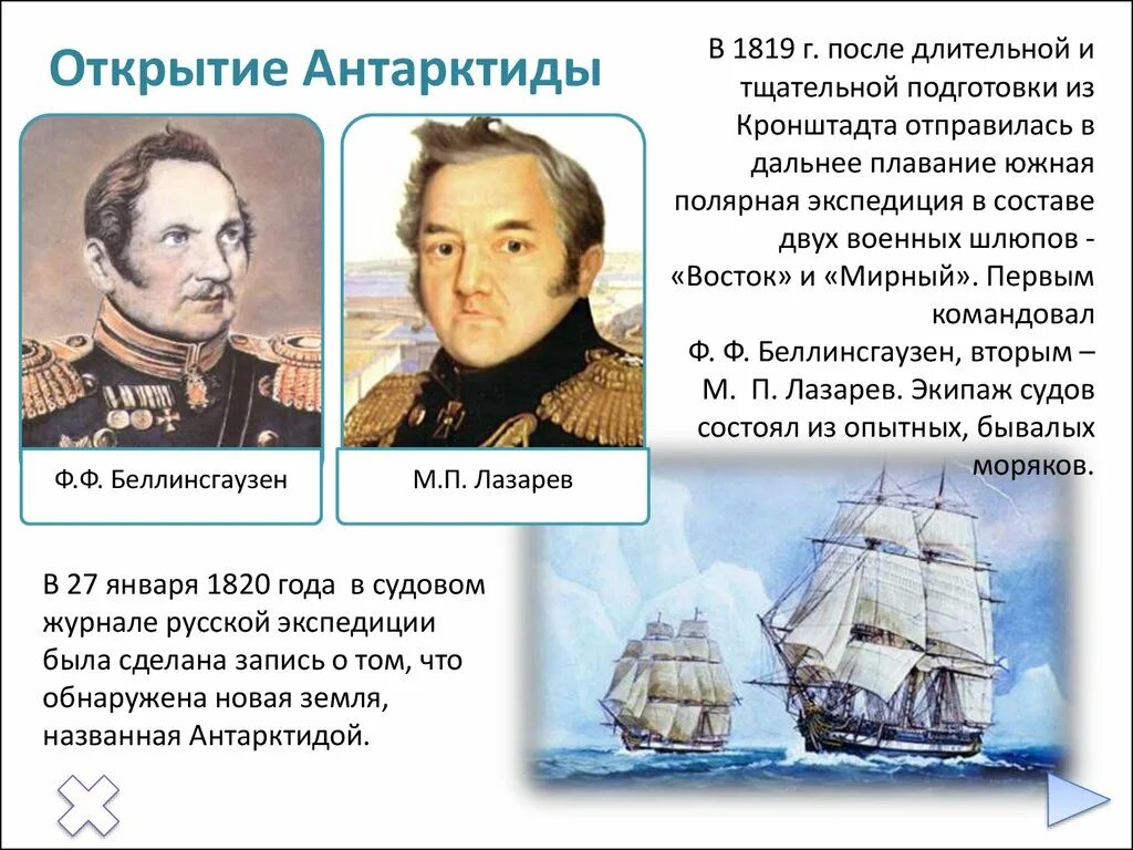 В середине 20 века антарктида. Открытие Антарктиды Беллинсгаузеном и Лазаревым. Беллинсгаузен и Лазарев 1820.