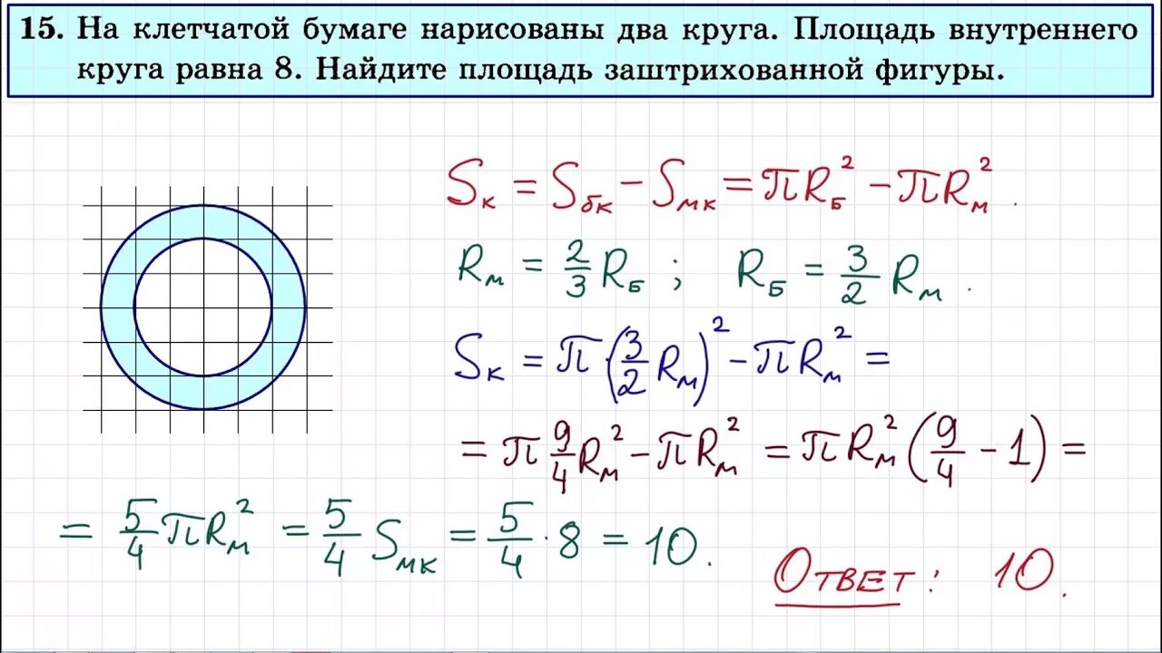 Площадь внутреннего круга равна 40