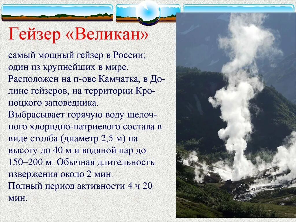 Долина гейзеров Гейзер великан. Гейзер великан на Камчатке. Камчатка Долина гейзеров вулканы. Гейзер на Камчатке доклад. Вода камчатского гейзера великан содержит следующие ионы