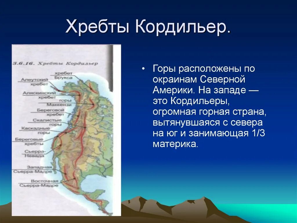 В каком направлении протянулись хребты. Аляскинский хребет Кордильер на карте. Рельеф Кордильер на карте Северной Америки. Горы Анды материк Южной Америки на карте. Хребты гор Кордильер.