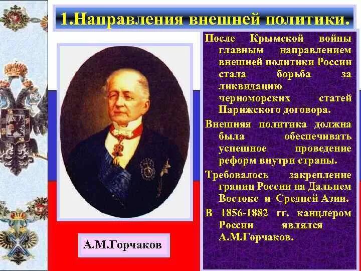 Направление внешней политики юрия. Внешняя политика Горчакова. Направление Российской внешней политики после Крымской войны.