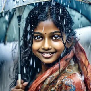 "💃 an Indian girl stands in the rain, under a beautiful umbrella,...