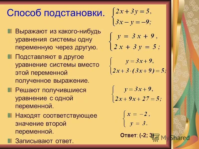 Системы методом подстановки примеры Картинки САМОСТОЯТЕЛЬНАЯ РАБОТА РЕШИТЬ СИСТЕМУ СПОСОБОМ ПОДСТАНОВКИ