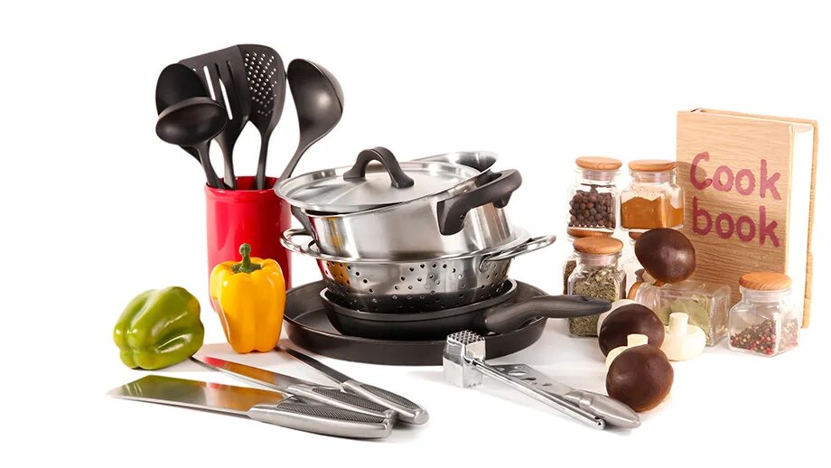 Какой набор посуды необходим для приготовления пищи. Кухонные принадлежности. Посуда и кухонные принадлежности. Кухонные аксессуары. Хозяйственные товары для кухни.