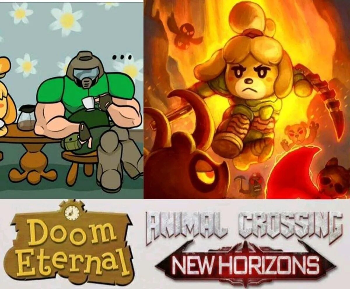 Animal Crossing Изабель и Doomguy. Animal Crossing New Horizons Doom. Doom x animal Crossing. Doom animal crossing