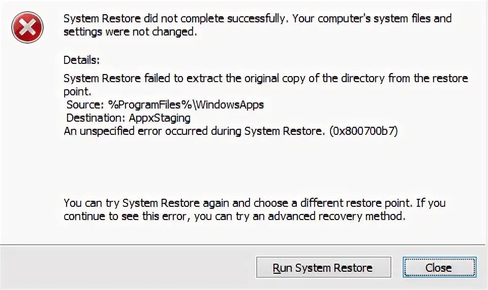 Restore your system. 0x800700b7. 0x800700. restore point.