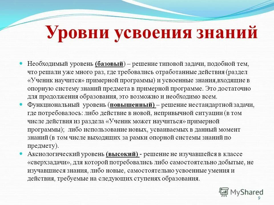 основные уровни усвоения знаний