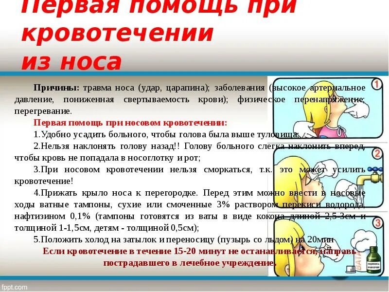 Первая помощь пострадавшему с носовым кровотечением. Оказание первой помощи при травме носа. Оказание помощи при кровотечении из носа. Оказание первой помощи при носовом кровотечении. Оказание первой помощи пострадавшему при кровотечении из носа.