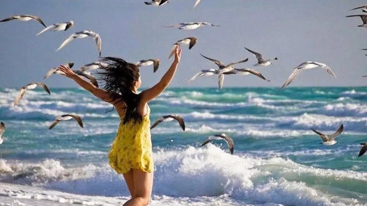 Радуюсь торопитесь. Счастье у моря. Девушка море Чайки. Море солнце счастье. Девочка на море с чайками.