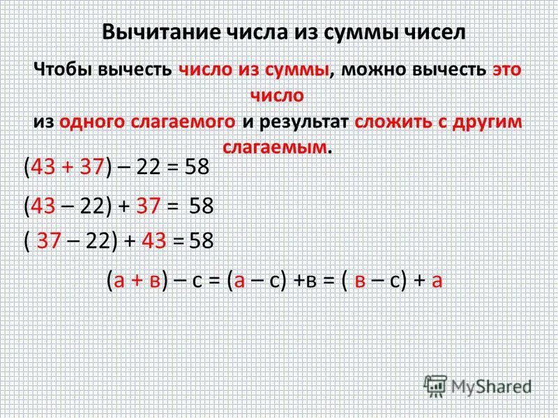 Чтобы вычесть из суммы можно. Математика 2 класс на вычитание числа из суммы. Вычитание суммы из числа. Чтобы вычесть сумму из числа. Из суммы чисел.