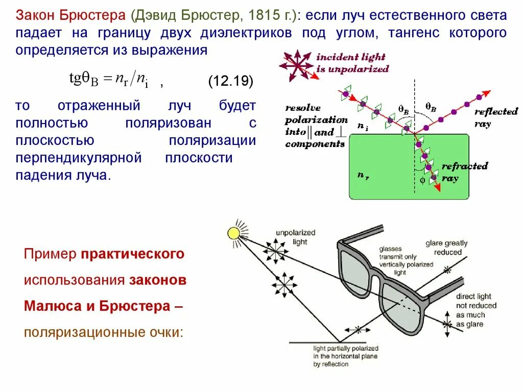 Отражение света диэлектриками. Закон Малюса. Закон Брюстера.. Явление Брюстера кратко. Формулировка и вывод закона Брюстера. Угол Брюстера, закон Малюса.