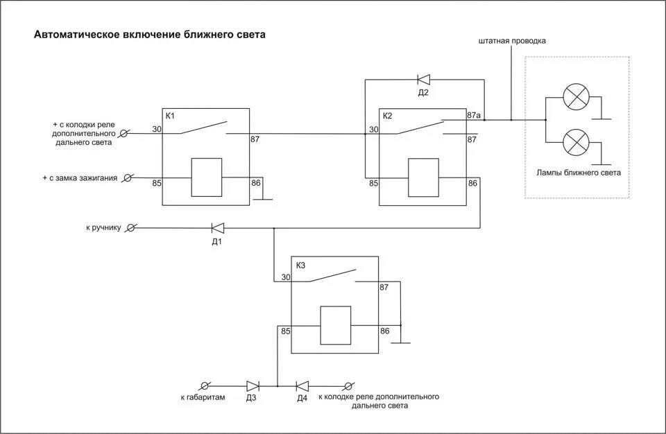 Схема автоматического включения ближнего света фар на реле. Автоматическое включение ближнего света фар схема. Схема реле автоматического включения света. Схема автоматического подключения ближнего света фар. Включи автоматический свет