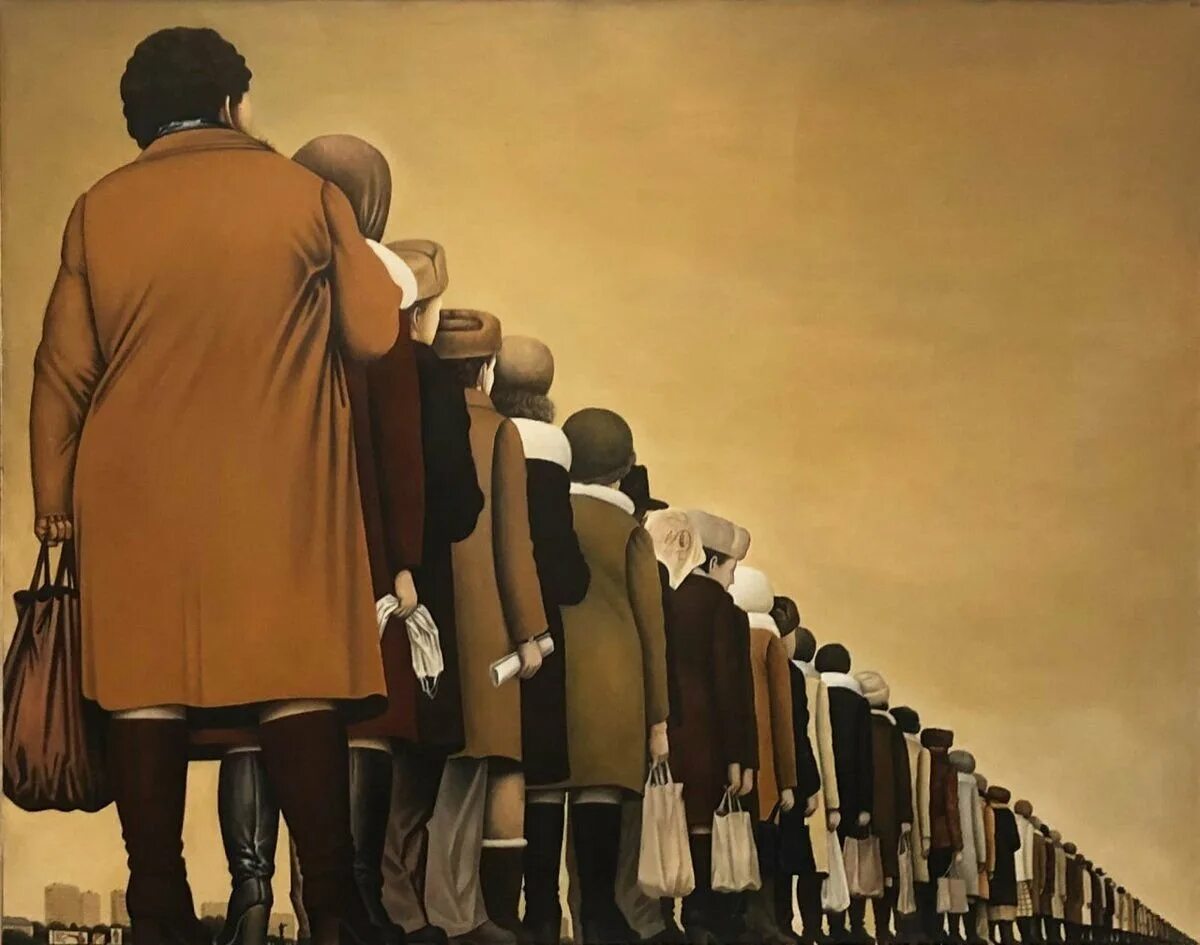 Первую очередь стараются. "Очередь" (1986) Алексея Сундукова.. Картина очередь художника Сундукова. Сундуков очередь картина.