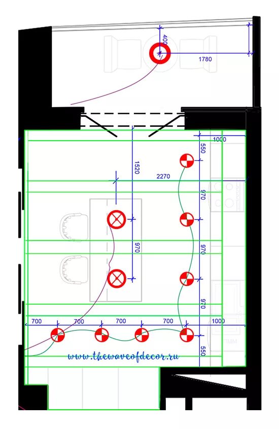 схема точечного освещения на кухне. схема размещения точечных светильников на кухне. схема точечных светильников на кухне. схема размещения светильников на кухне. расстояние точечных светильников на кухне.