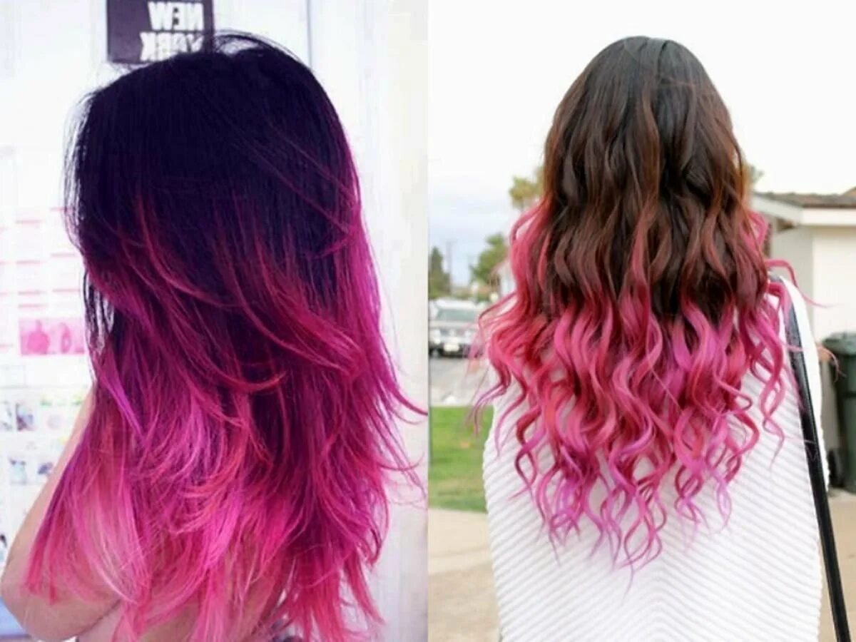 Розовые кончики на русых волосах. Розовое омбре на темные волосы. Цветные кончики волос. Розовое омбре на темные волосы длинные.