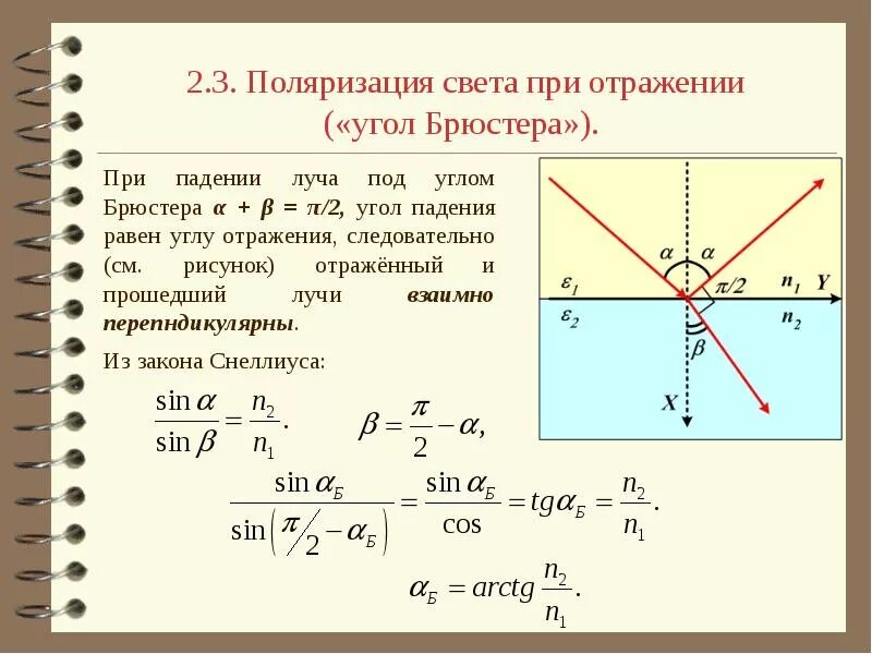 Поляризация отношений. При отражении под углом Брюстера свет поляризован. Угол полной поляризации формула. Поляризация при отражении от диэлектрика. Угол Брюстера.. Формула нахождения угла поляризации.