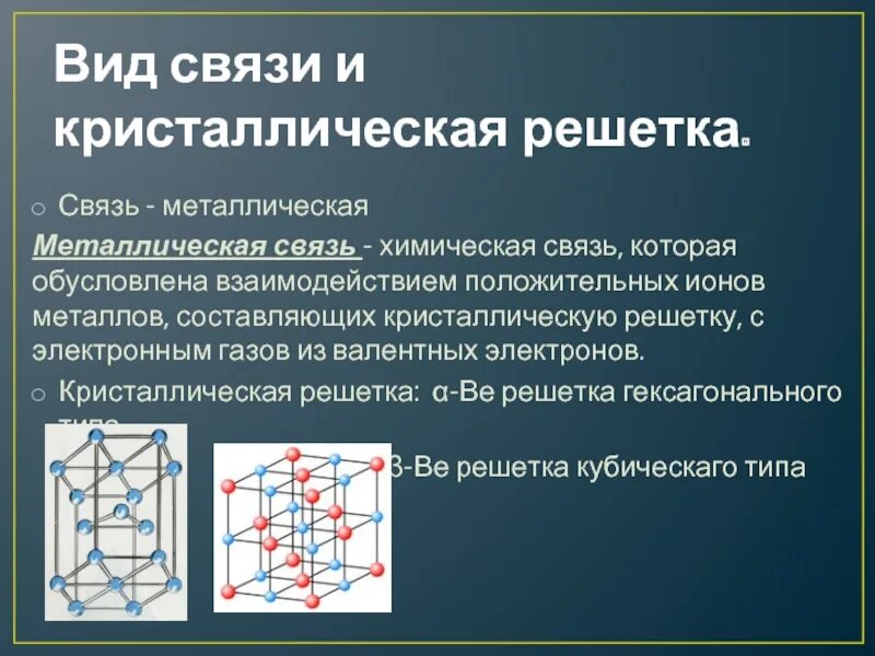 Кристаллическая решетка бериллия. Виды связей и кристаллических решеток. Хим связь металлическая кристаллической решетки. Тип решетки бериллия.