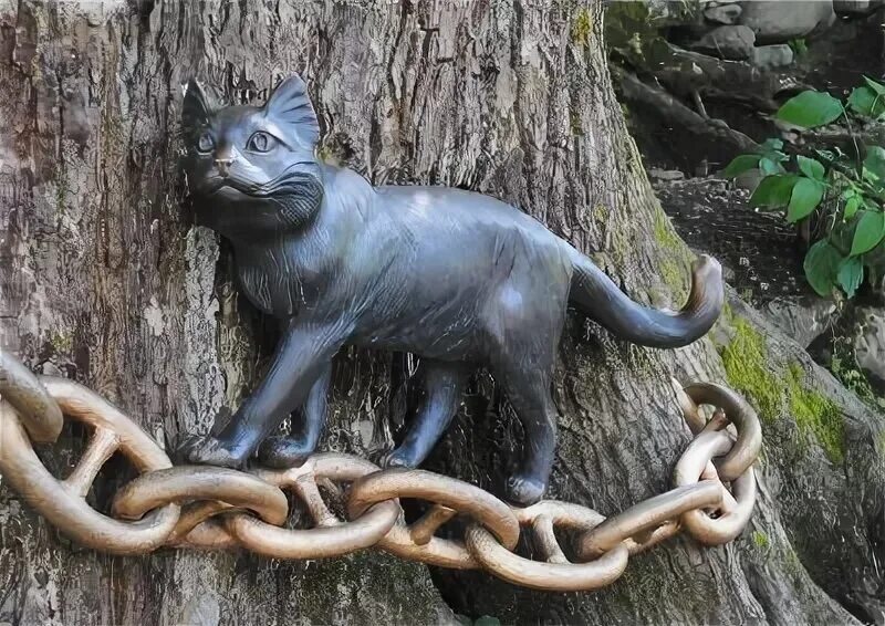 Кот ученый оренбург. Кот ученый скульптура лукоморье. парк лукоморье ученый кот. лукоморье дуб зекот ученый. кот на цепи.