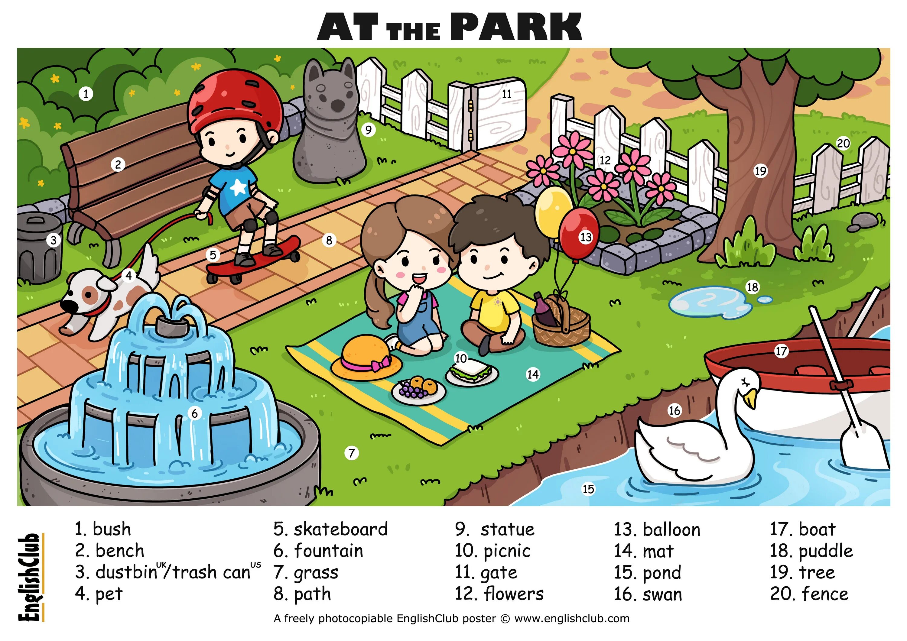 Плакат английский язык. At the Park Vocabulary. In the Park 3 класс. Ученик картинка для детей.