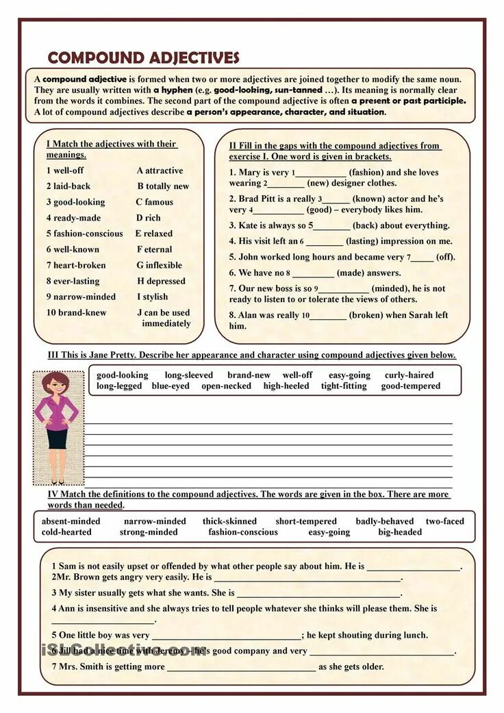 Complete the descriptions with the given adjectives. Compound adjectives. compound adjectives упражнения. compound nouns and adjectives. compound adjectives 8 класс.