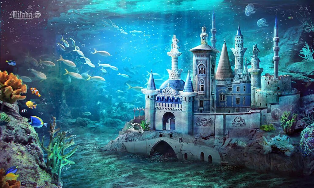 Сказочное подводное царство. Подводный город атлантис. Морские жители. Детская фотосессия под водой. Сказка под водой.