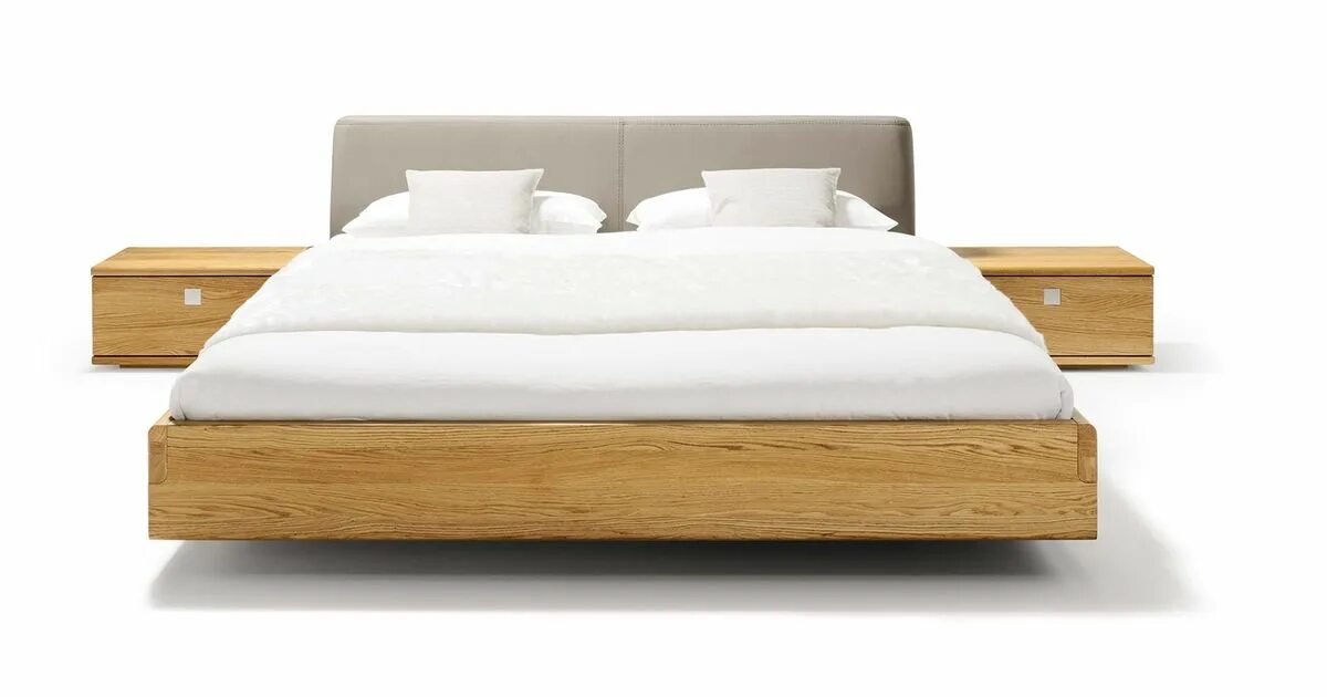 Кровати. Двуспальная кровать с парящими тумбочками. Кровать фронтальный вид. Текстура кровати.