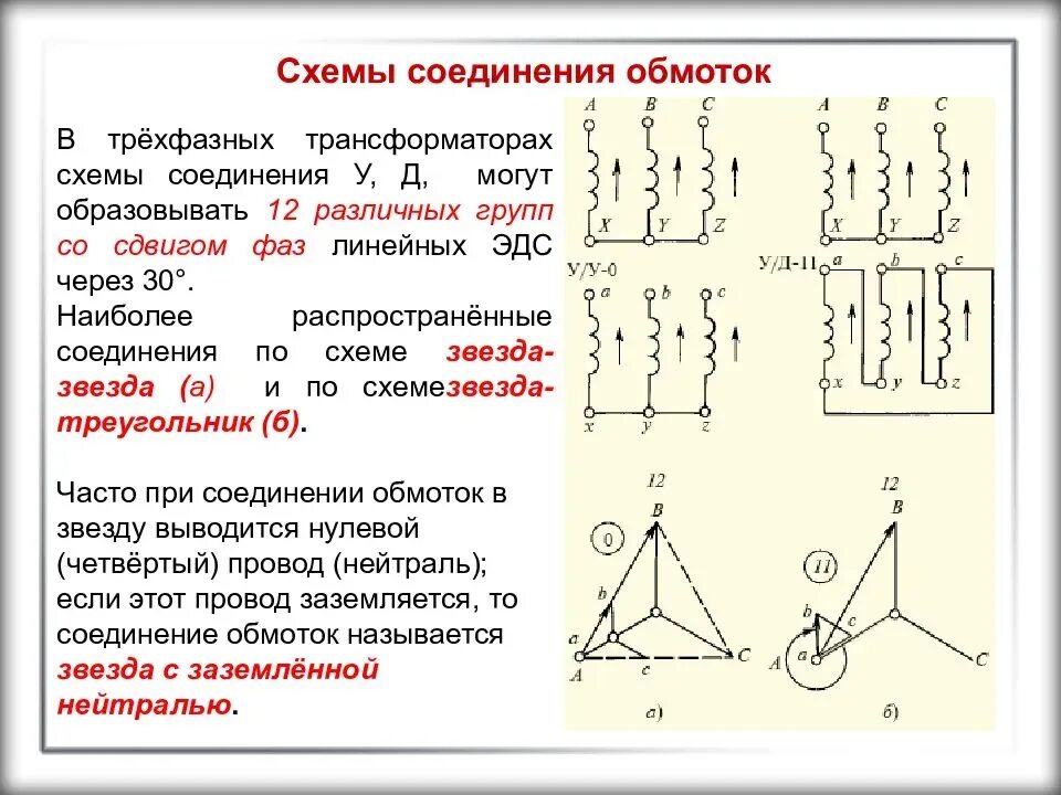 Способ соединения обмоток. Соединение обмоток трехфазного трансформатора звездой-звезда. Схемы соединения обмоток трехфазных трансформаторов. Соединение обмоток трансформаторов d. Схема соединения обмоток трансформатора треугольник звезда 11.