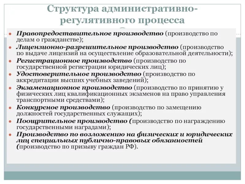 Структура административного производства. Структура административно-регулятивного процесса. Виды регистрационных производств. Структура административного процесса.