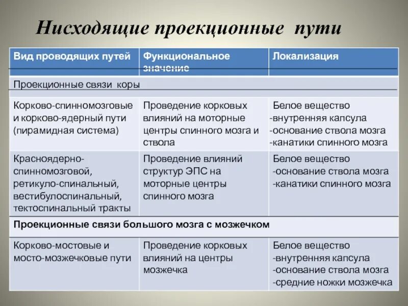 Нисходящая система. Восходящие проекционные пути таблица. Нисходящие проекционные пути. Нисходящие проекционные пути таблица. Классификация проводящих путей.