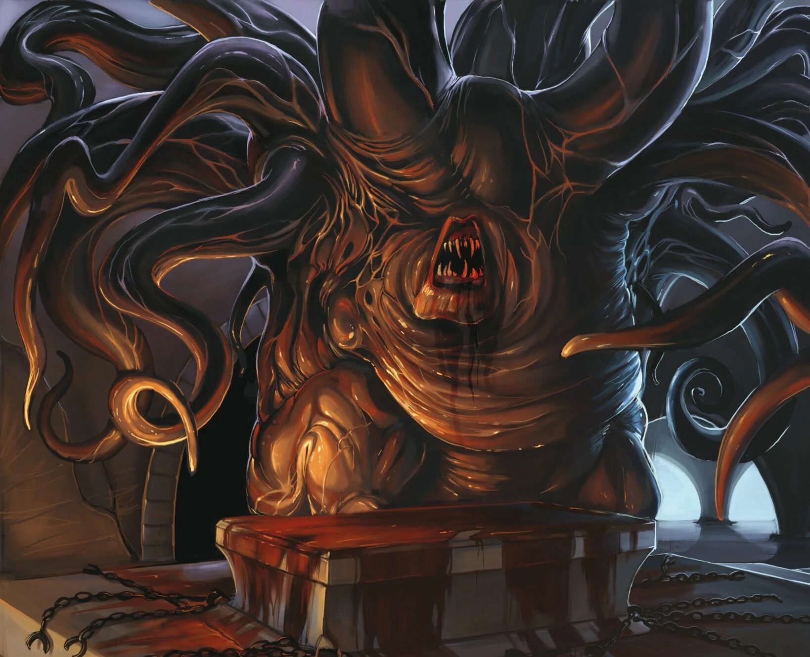 Монстр запертый. Лавкрафт данвичский ужас чудовище. Нэнси уилер и демогоргон. Озаркский ревун монстр. Наруто и курама за решеткой.