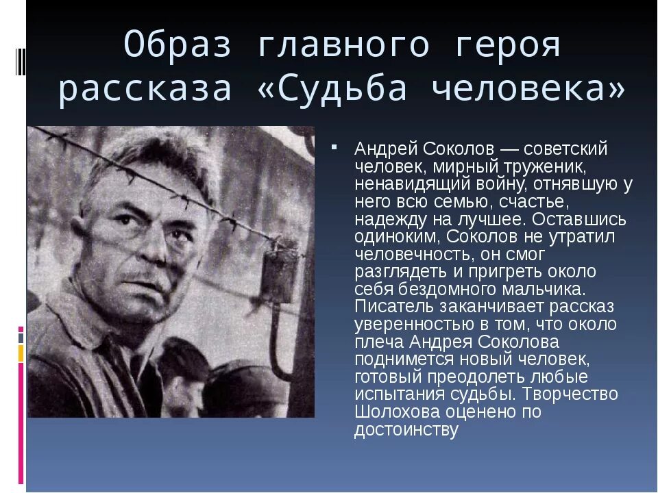 Образ рассказа. М.А. Шолохова м.а. "судьба человека" образ главного героя .. Шолохова судьба человека Андрей Соколов. М. Шолохова «судьба человека», Андрей Соколов. Судьба человека Шолохов Андрей Соколов характеристика.