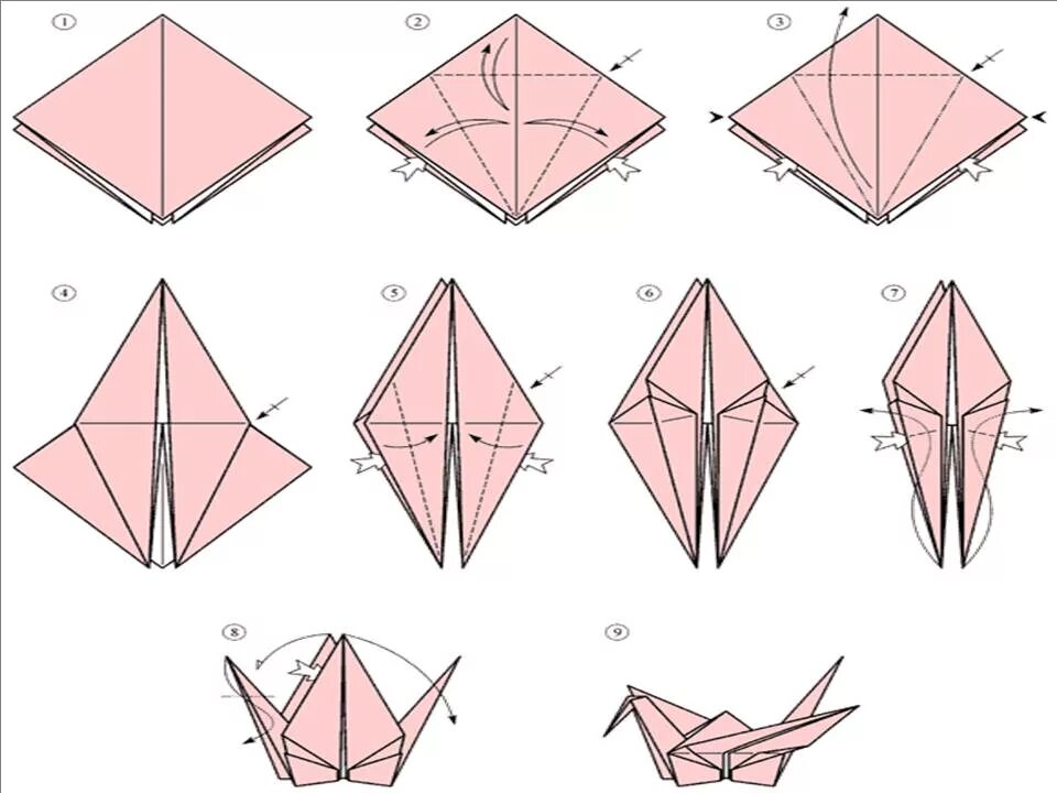 Оригами Журавлик. Схема бумажного журавлика. Как сделать оригами журавлика. Бумажный Журавлик пошагово.