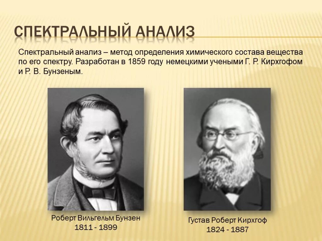 Г. Р. Кирхгофом и р. в. Бунзеным.. Спектральный анализ. Спектральний аналіз.