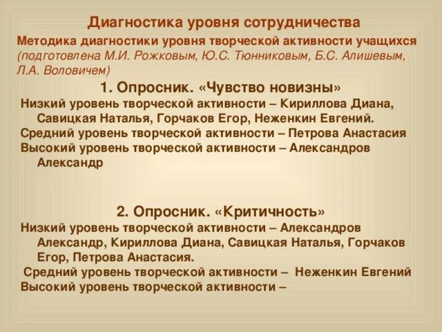 Методики диагностирования уровня творческой активности. Методика Тюнникова. Методика диагностики структуры ценностей (б.с.Алишев). Творческий уровень активности