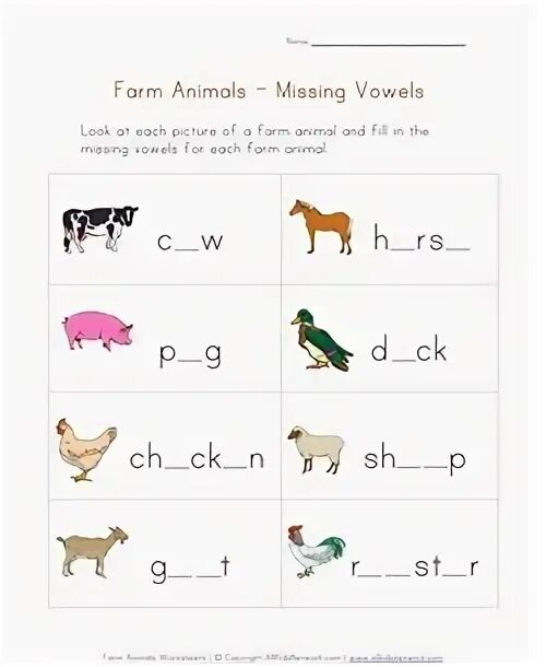 Complete the missing vowels. Fill in the missing Letters in Farm animals. Farm animals fill th missing Letters.