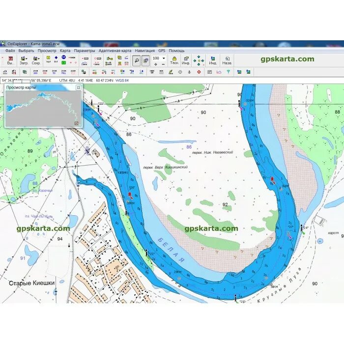 Морская карта глубин рек Кама и Белая для OziExplorer Garmin Magellan, навигацио