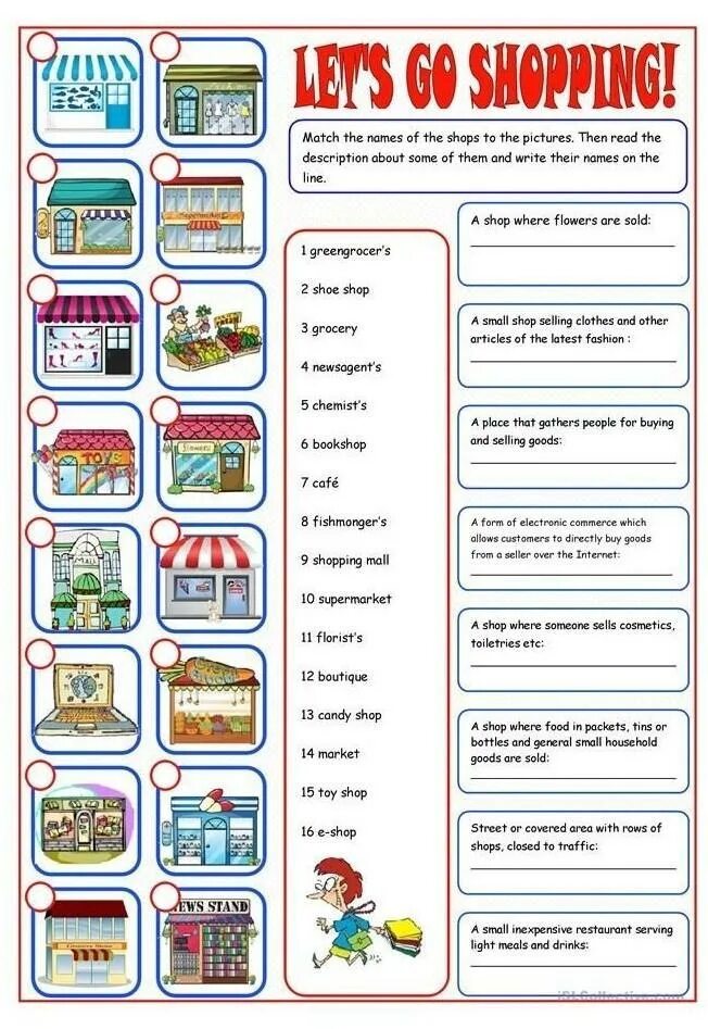 What s their name. Магазины на английском задания. Английский тема shopping Worksheet. Types of shops задания. Магазины на английском языке упражнения.