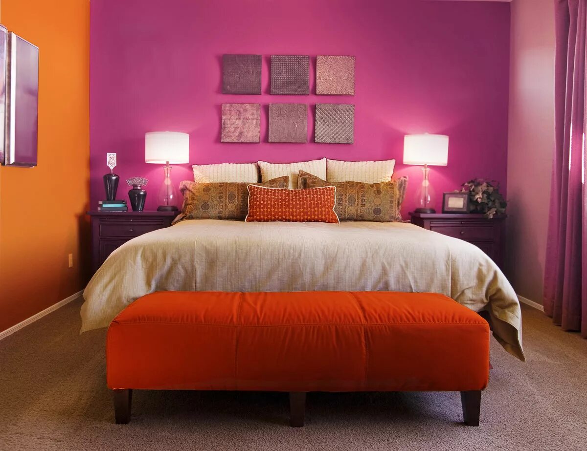 Популярные цвета стен. Терракотовый цвет в спальне. Покрашенные стены в интерьере. Спальня в ярких тонах. Спальня в оранжевых тонах.