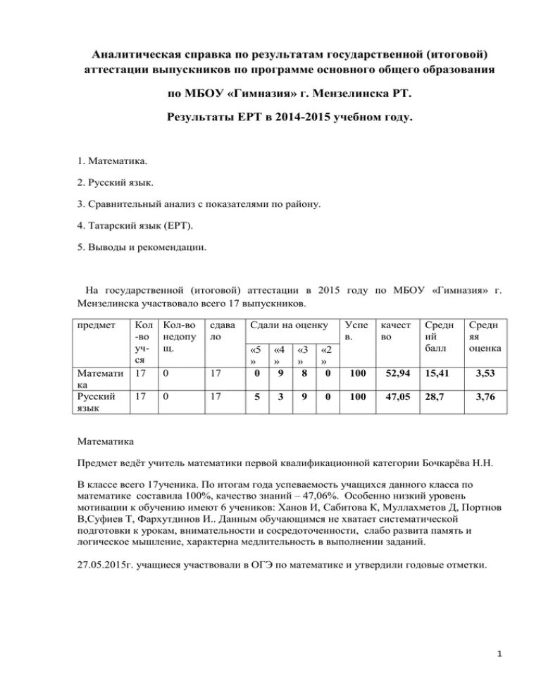 Справка о результатах ГИА. Рт результаты 1