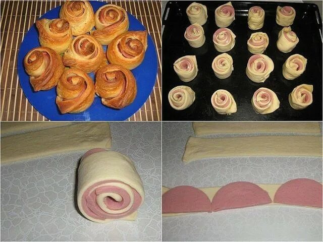 Булочки розочки с колбасой. Розочки из слоеного теста. Булочка с колбасой из слоеного теста. Слойки с колбасой и сыром. Изделия из слоенного теста.