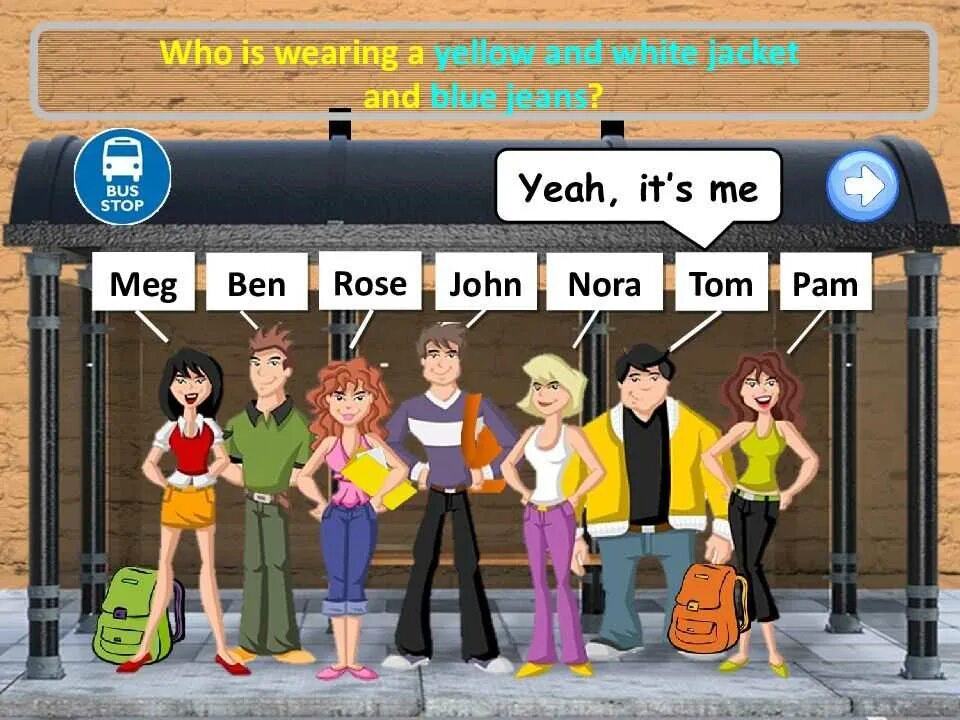 Describing people clothes. Who is who. Who is White. Describe what people are wearing. Who is date who