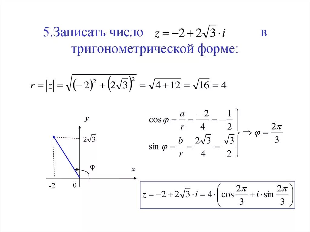 Z корень 5. Запишите комплексное число в тригонометрической форме. 1.2. Тригонометрическая форма комплексного числа.. Представление комплексного числа в тригонометрической форме. Тригонометрическая Фора комлексных чисел.