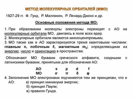 Метод валентных связей метод молекулярных орбиталей