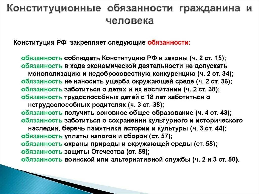 Конституционная ответственность гражданина рф. Конституционные обязанности человека и гражданина в России. Конституция РФ обязанность личности. Конституционные обязанности человека и гражданина в РФ перечислите. Конституционные обязанности статьи Конституции.