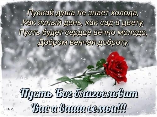 Пускай душа не знает холода. Пусть душа цветет. Пусть будут рядом доброта здоровье мир и красота. Пусть будет сердце вечно молодо. Тепло души стих