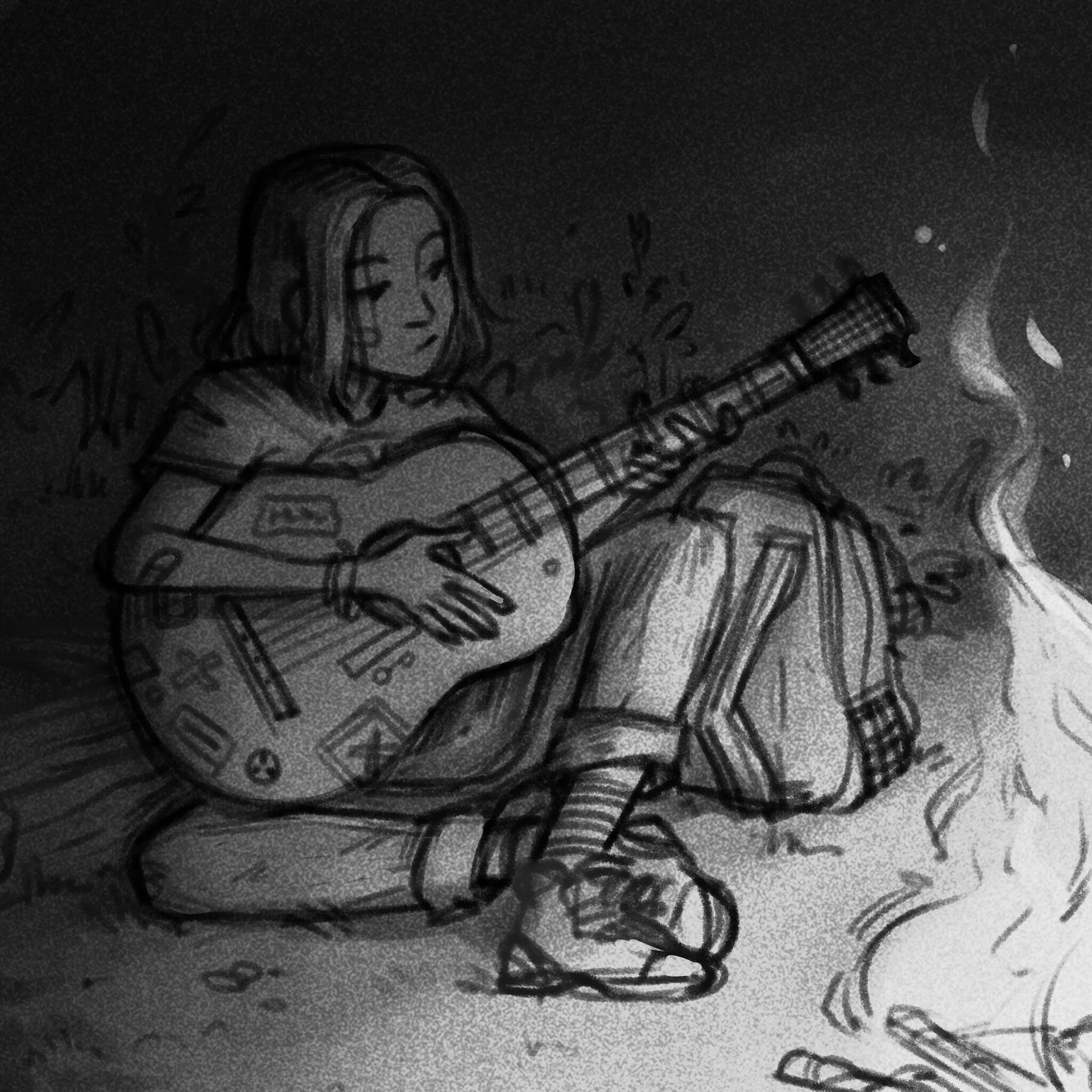 Нарисуйте мне дом гитара. Гитарист у костра. люди у костра с гитарой. гитара у костра арт. девушка с гитарой у костра.