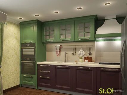 Угловые кухни зеленые с коричневым 89 фото