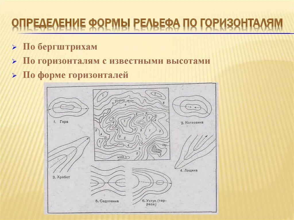 Признаки горизонтали. Схема основных форм рельефа. Образцы для рельефа. Разнообразие форм рельефа. Изображение рельефа.