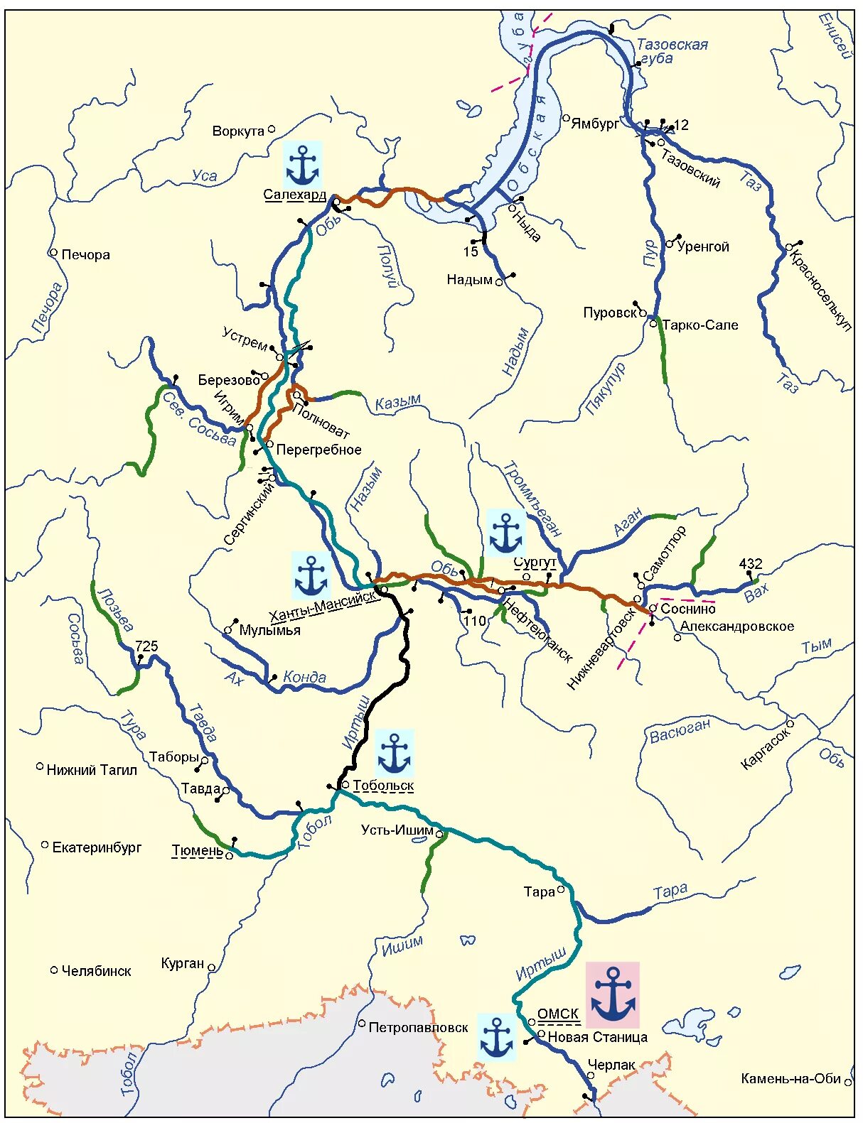 Схема водных путей Обь-Иртышского бассейна. Схема Обь Иртышского бассейна. Водные пути Обь Иртышского бассейна. Карта Обь-Иртышского бассейна внутренних водных путей. Города на реке иртыш карта